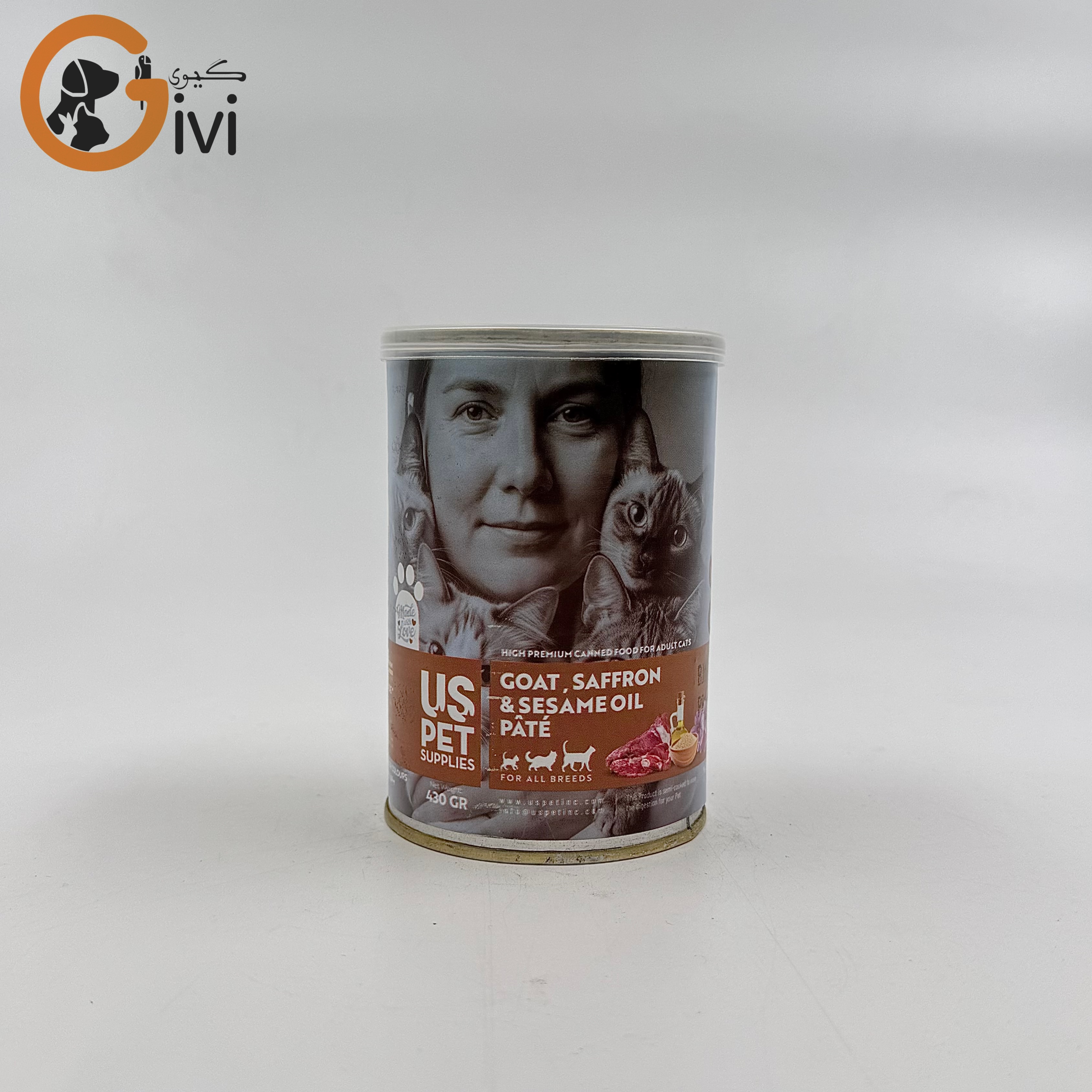 غذای کنسرو گربه 400 گرمی US+ با طعم گوشت بز و زعفران