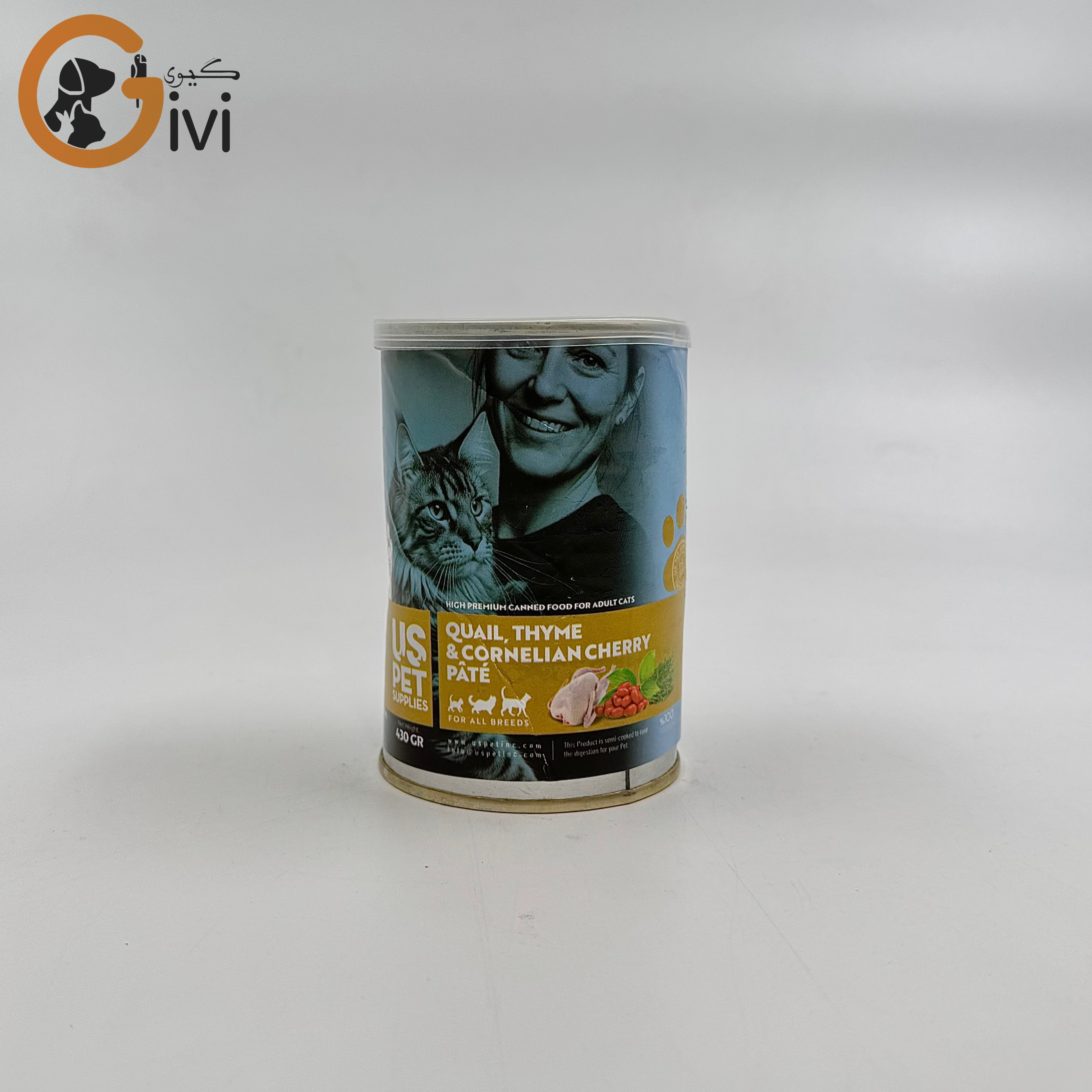 غذای کنسرو گربه 400 گرمی US+ با طعم گوشت بلدرچین و ذغال اخته