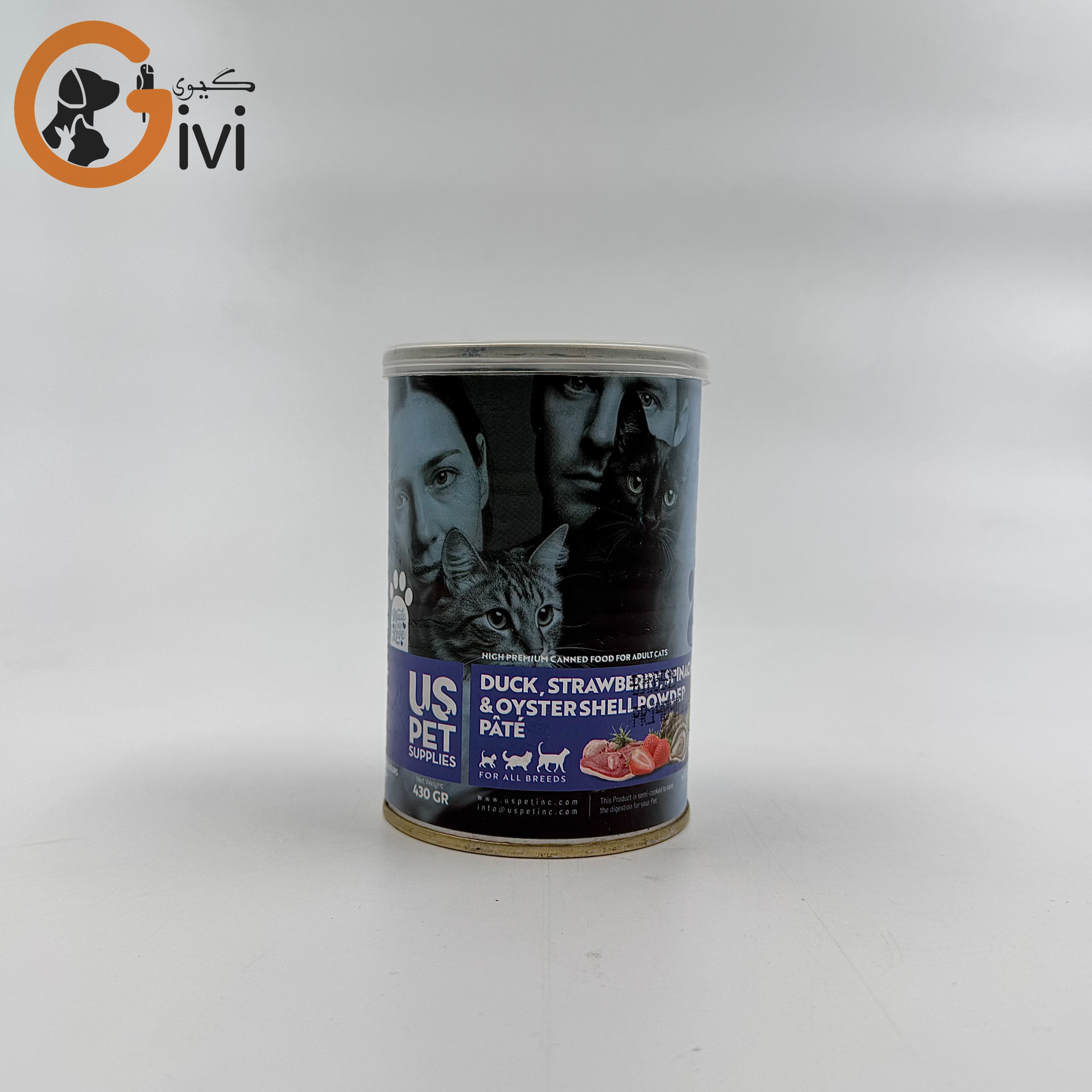 غذای کنسرو گربه 400 گرمی US+ با طعم گوشت اردک و توت فرنگی