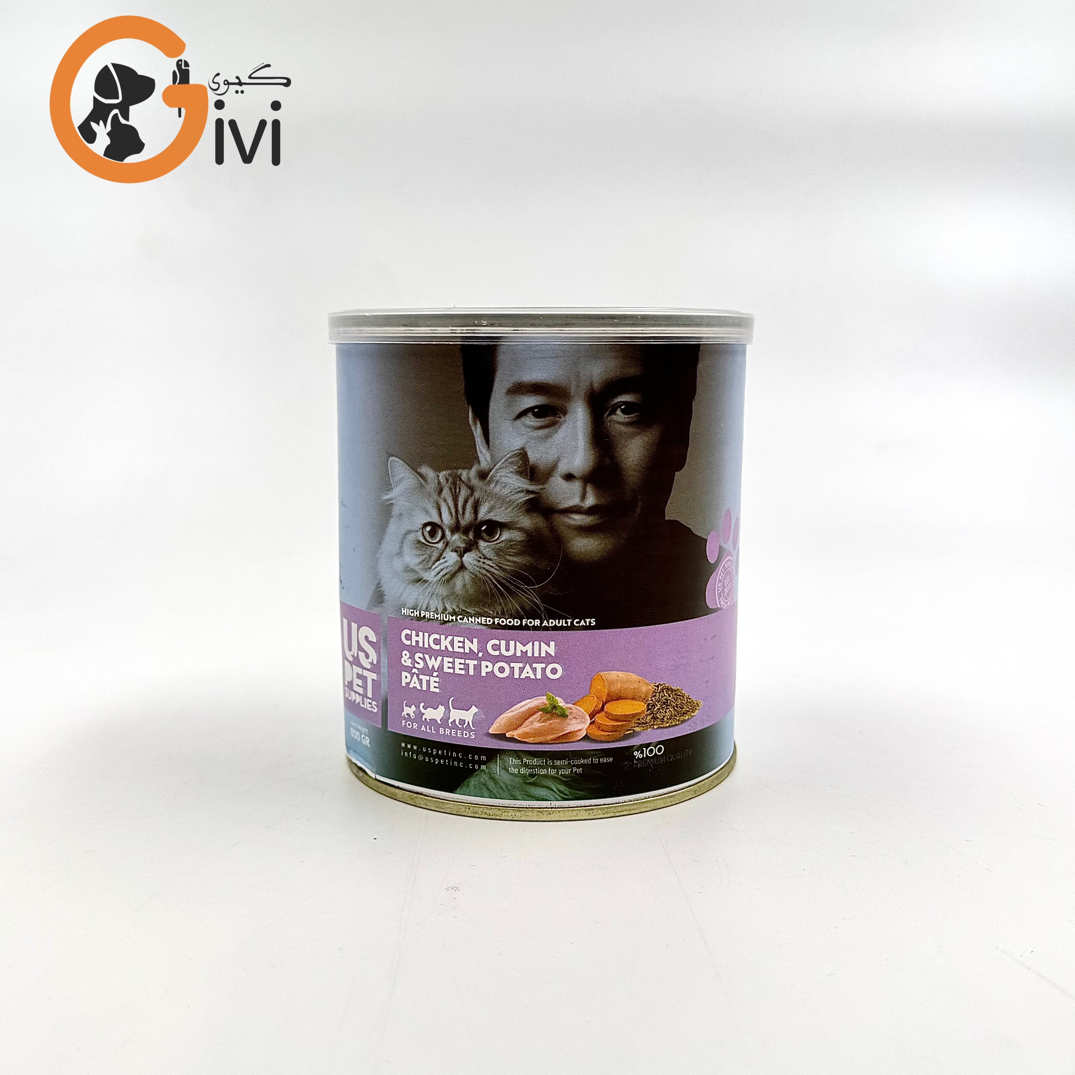 غذای کنسرو گربه 800 گرمی US+ با طعم مرغ و سیب زمینی