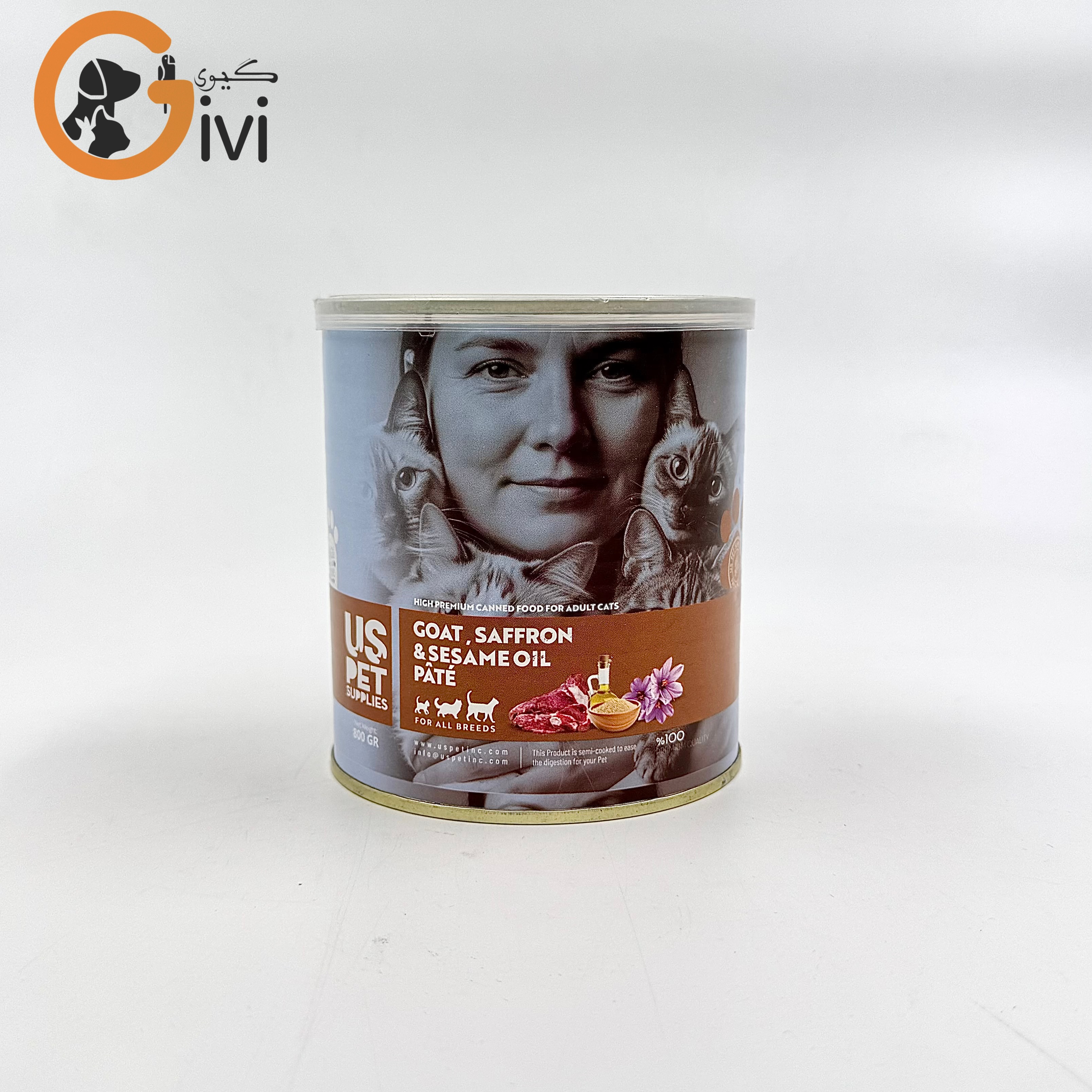 غذای کنسرو گربه 800 گرمی US+ با طعم گوشت بز و زعفران